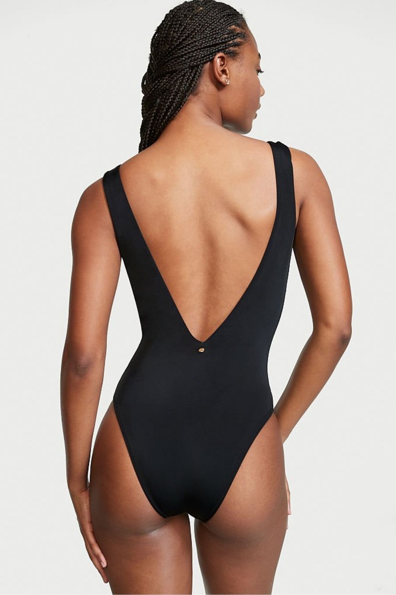 Black Victoria's Secret V Neck Plunge Open Back Swimsuit | 6734OBHYT