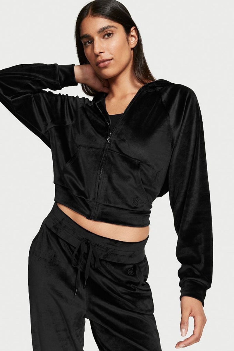 Black Victoria\'s Secret Velour Lounge Zip Up Hoodie | 3257FJWTS