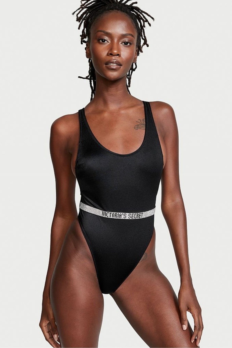 Black Victoria\'s Secret Very Sexy Shine Strap Belted Open Back Swimsuit | 4297DYHTA