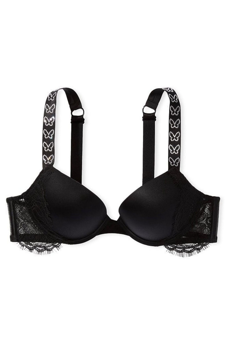 Black Victoria's Secret Very Sexy Shine Strap Lace Wing Plunge Bra | 7428TFNYG