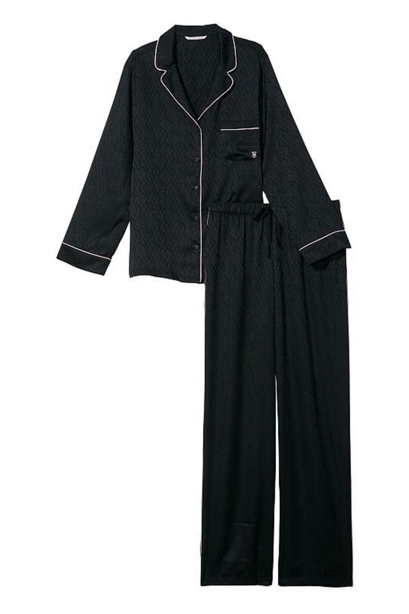 Black Vs Lockup Jacquard Victoria's Secret Satin Long Pyjamas | 5473LWIZH