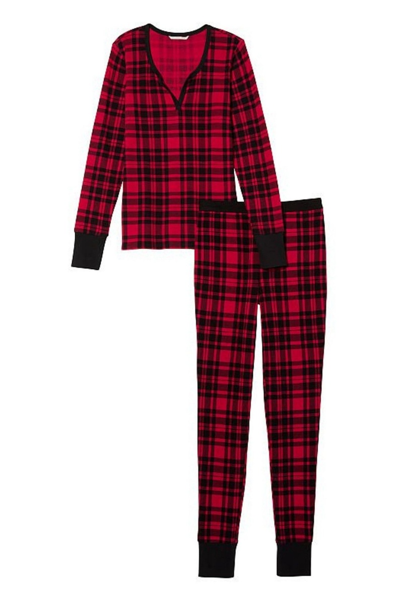 Black and Red Plaid Victoria's Secret Thermal Long Sleeve Pyjamas | 4387FVQJS