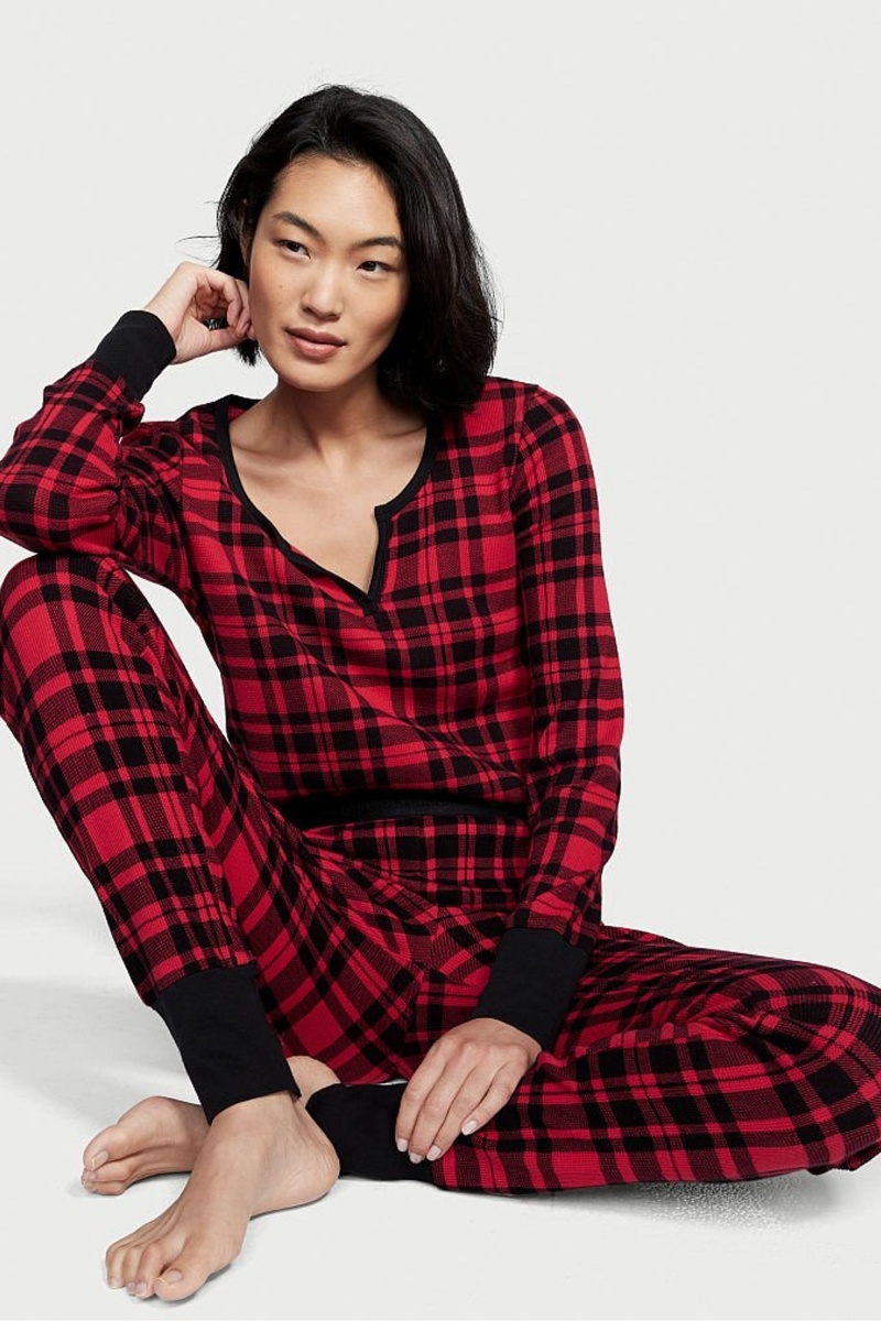 Black and Red Plaid Victoria\'s Secret Thermal Long Sleeve Pyjamas | 4387FVQJS