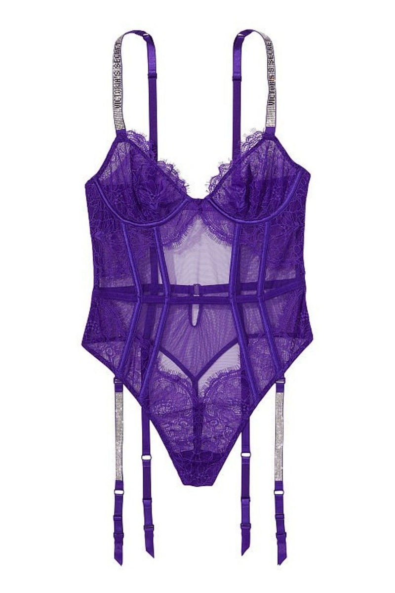 Brilliant Purple Victoria's Secret Very Sexy Shine Strap Lace Bodysuit | 6439NKXMC