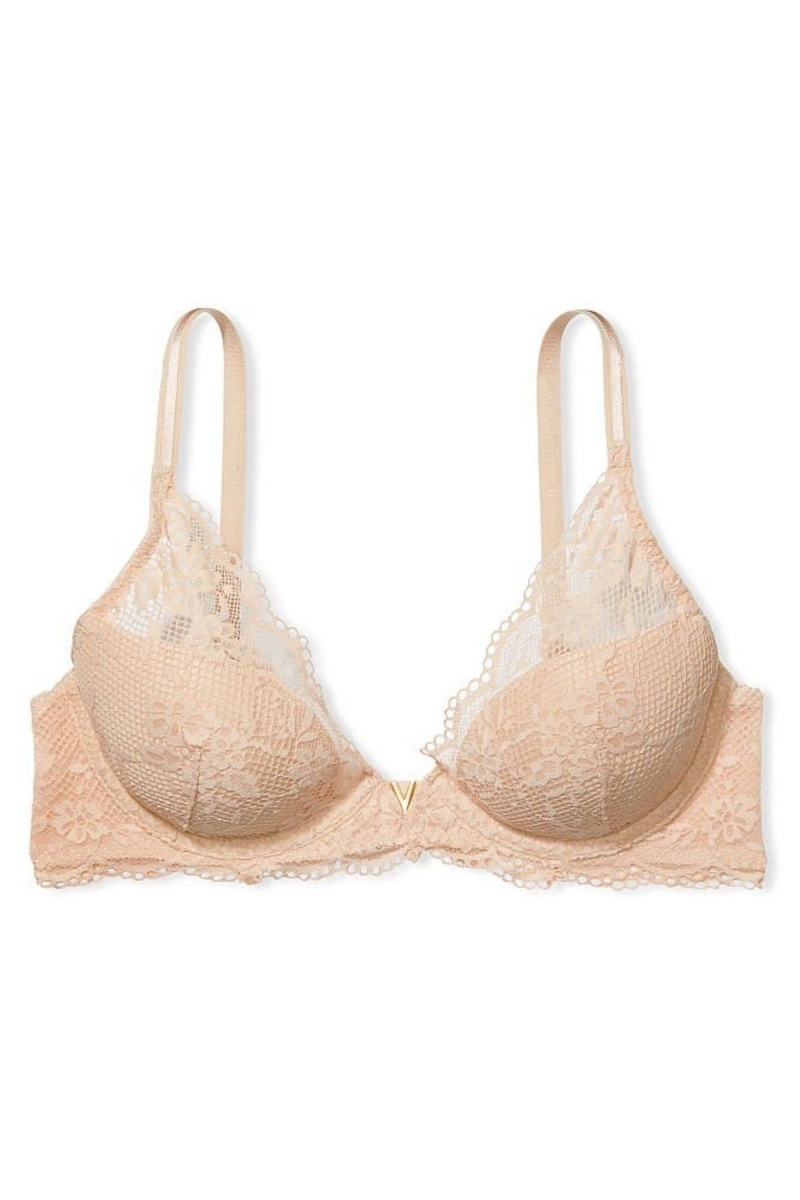 Champagne Nude Victoria's Secret Love Cloud Lace Half Pad Plunge Bra | 2091ROCBV