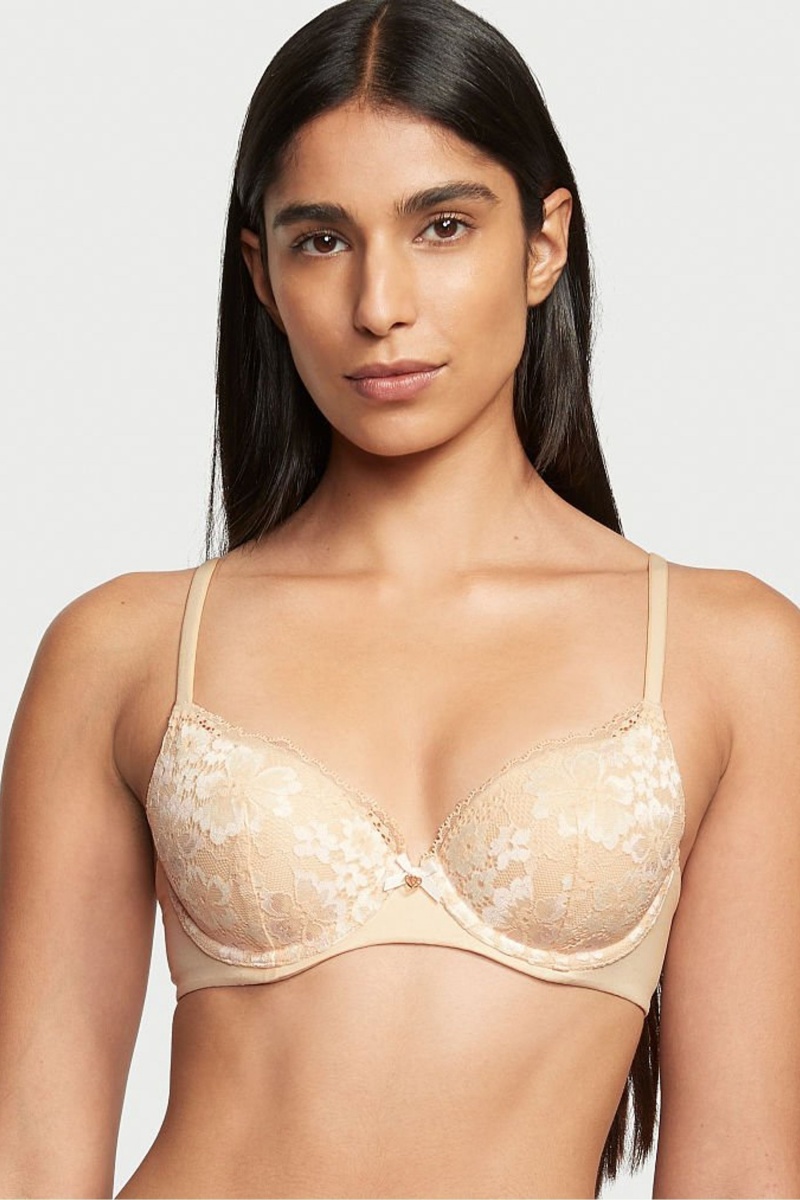 Champagne Xdye Nude Victoria\'s Secret Body by Victoria Front Fastening Lace Trim Lightly Lined Demi Bra | 9817YPGAR