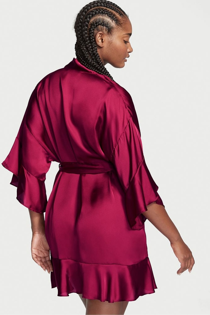 Claret Red Victoria's Secret Flounce Satin Robe | 8145JLKIB