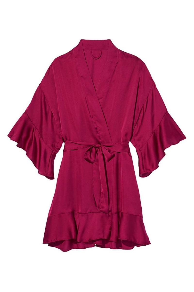 Claret Red Victoria's Secret Flounce Satin Robe | 8145JLKIB