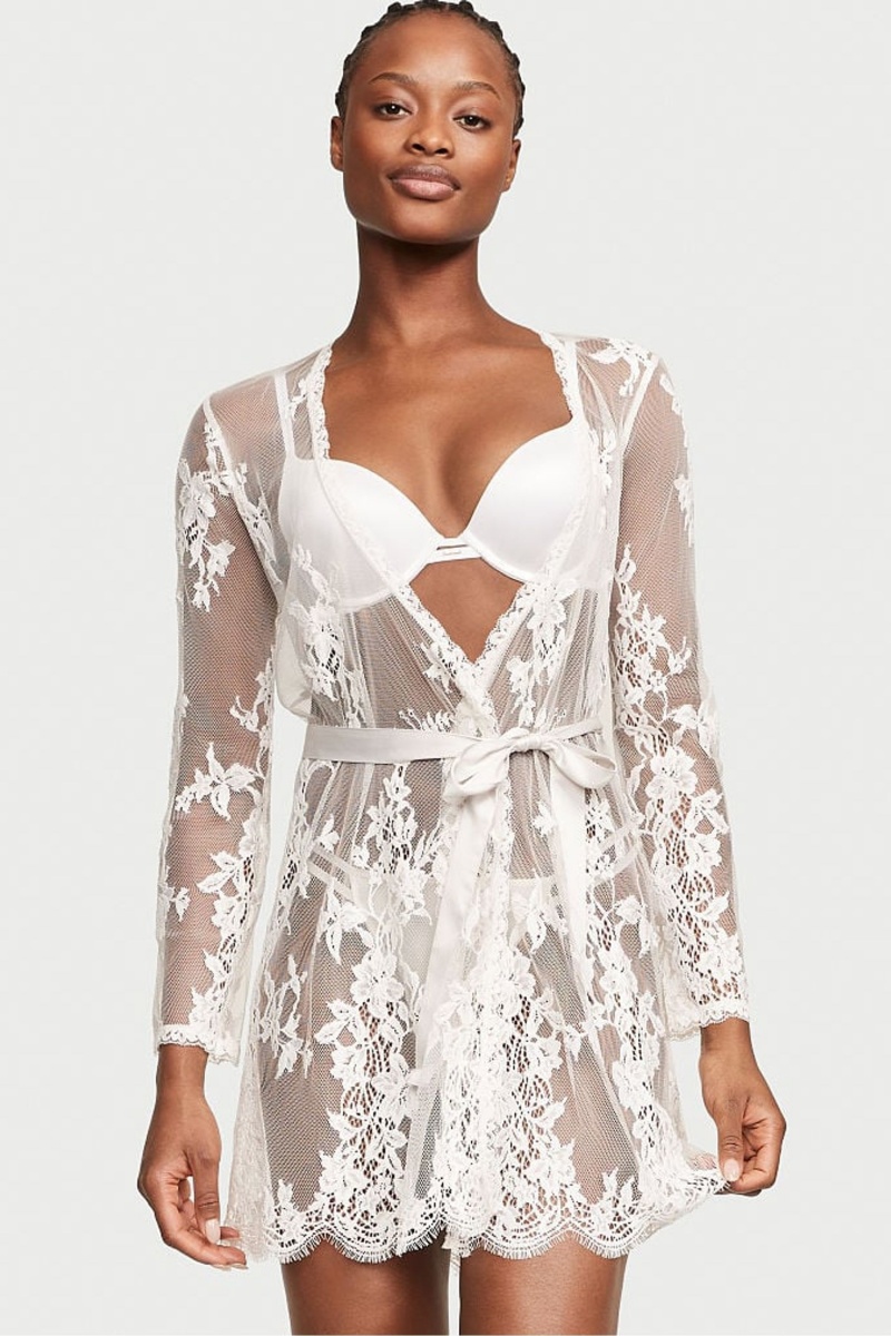 Coconut White Victoria\'s Secret Sheer Lace Robe | 8219PUVFT