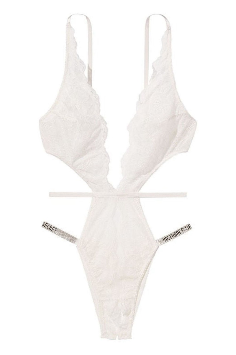 Coconut White Victoria's Secret Shine Strap Plunge Lace Bodysuit | 1483MTUCQ