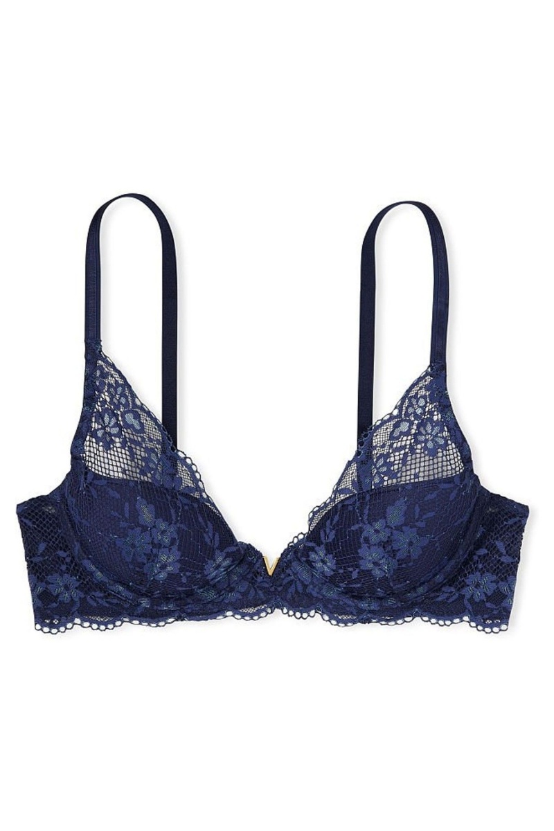 Ensign Blue Victoria's Secret Love Cloud Lace Half Pad Plunge Bra | 7586PECOJ