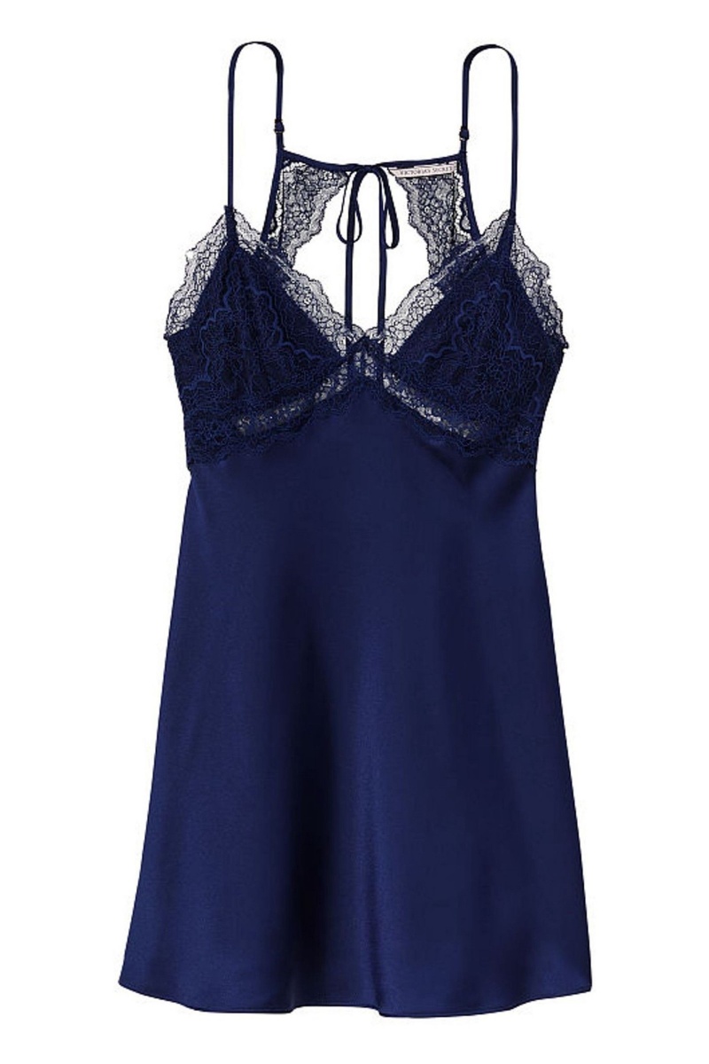 Ensign Navy Blue Victoria's Secret Lace Plunge OpenBack Slip Dress | 8103HEULG