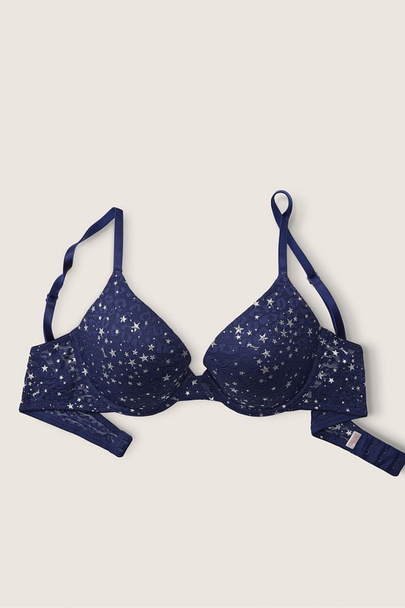 Ensign Navy Stars Blue Victoria's Secret Wear Everywhere Lace Push Up T-Shirt Bra | 8503YGJHX