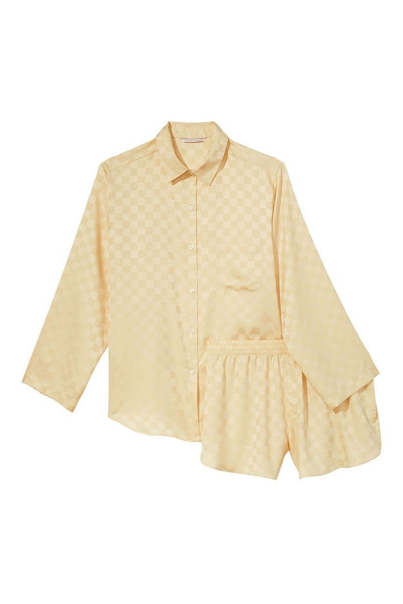 Faded Wheat Yellow Check Victoria's Secret Satin Long Sleeve Short Pyjamas | 3560TWBVX