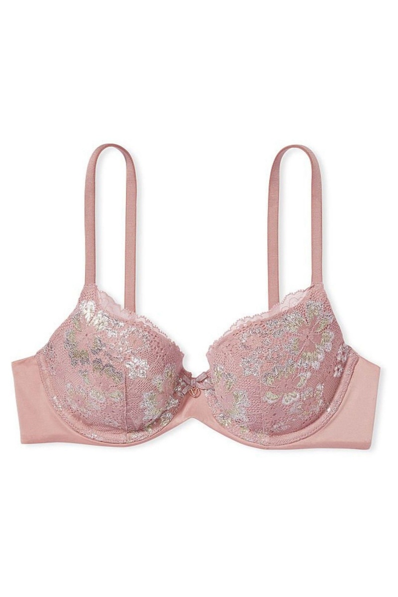 French Mauve Double Lurex Pink Victoria's Secret Body by Victoria Front Fastening Lace Trim Lightly Lined Demi Bra | 2578WAMZS