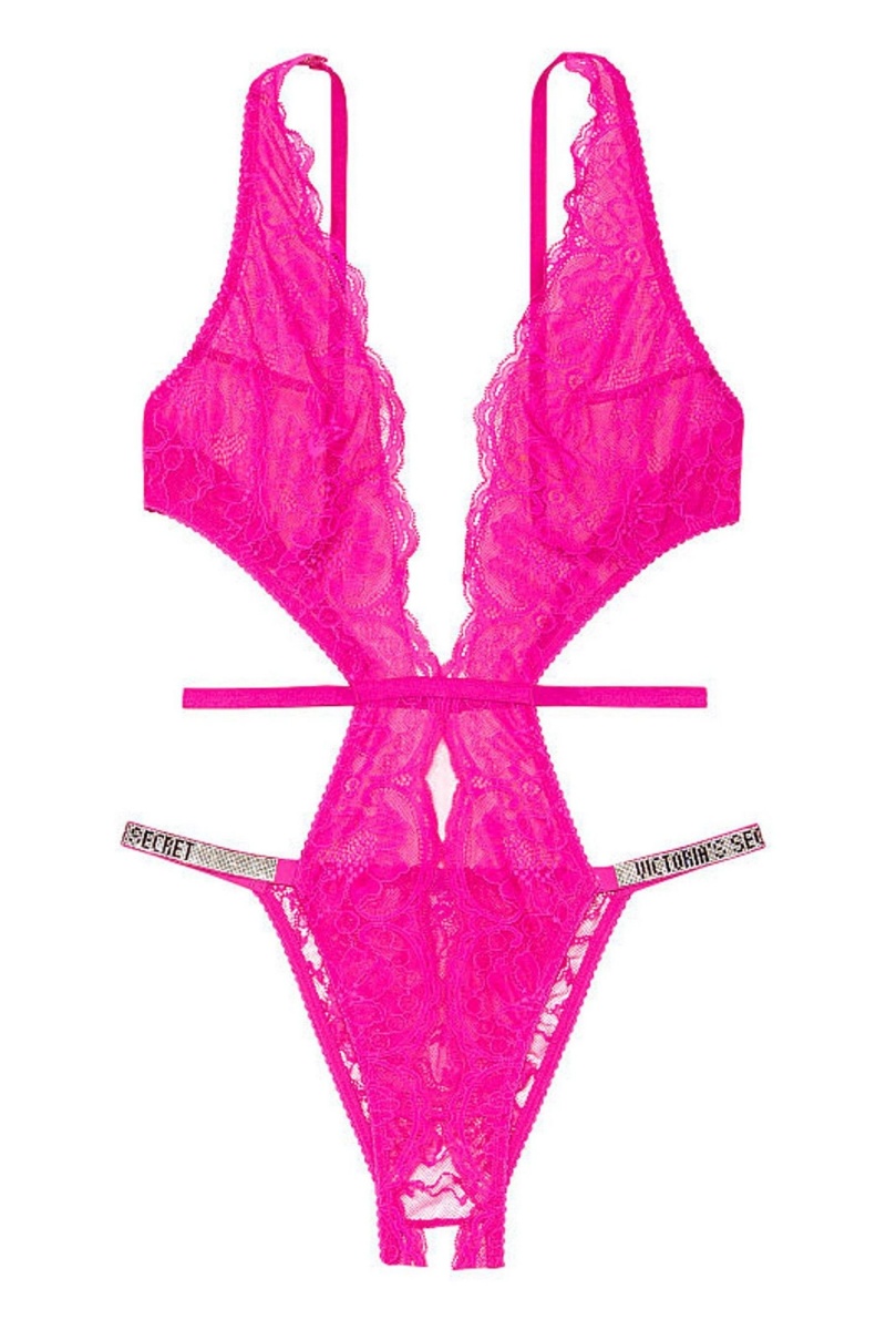 Fuschia Frenzy Pink Victoria's Secret Very Sexy Shine Strap Lace Crotchless Bodysuit | 5102UKQIX