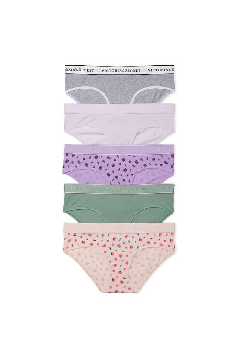 Grey/ White/ Purple/ Green/ Pink Victoria\'s Secret Stretch Cotton Logo Hipster Knickers 5 Pack | 0852XIDWE