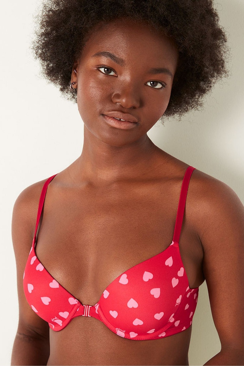 Heart Print Red Victoria's Secret Wear Everywhere Front Fastening Push Up T-Shirt Bra | 4306MHQNF