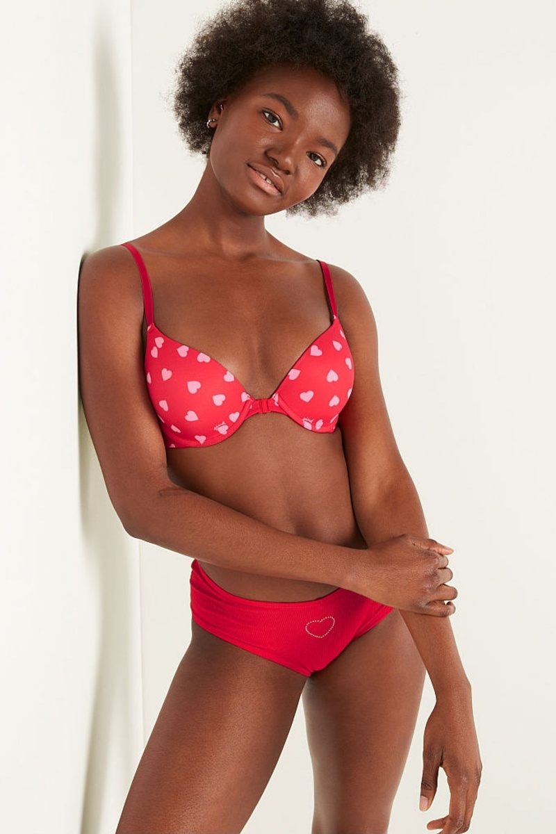 Heart Print Red Victoria\'s Secret Wear Everywhere Front Fastening Push Up T-Shirt Bra | 4306MHQNF