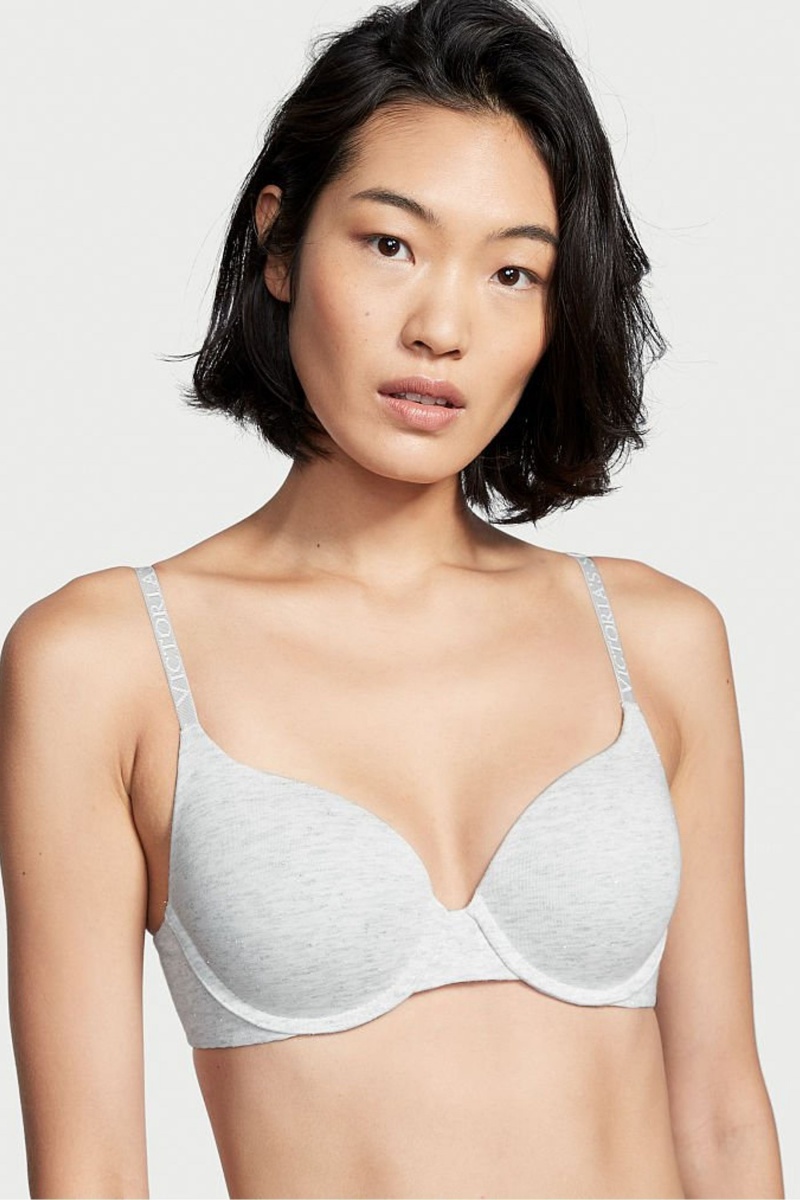 Heather Snow Grey Victoria\'s Secret The T-Shirt Lightly Lined Logo Strap Full Cup Bra | 7382CQDSN