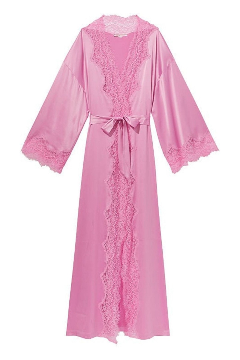 Lilac Chiffon Pink Victoria's Secret Lace Trim Satin Long Robe | 3185NVZUA