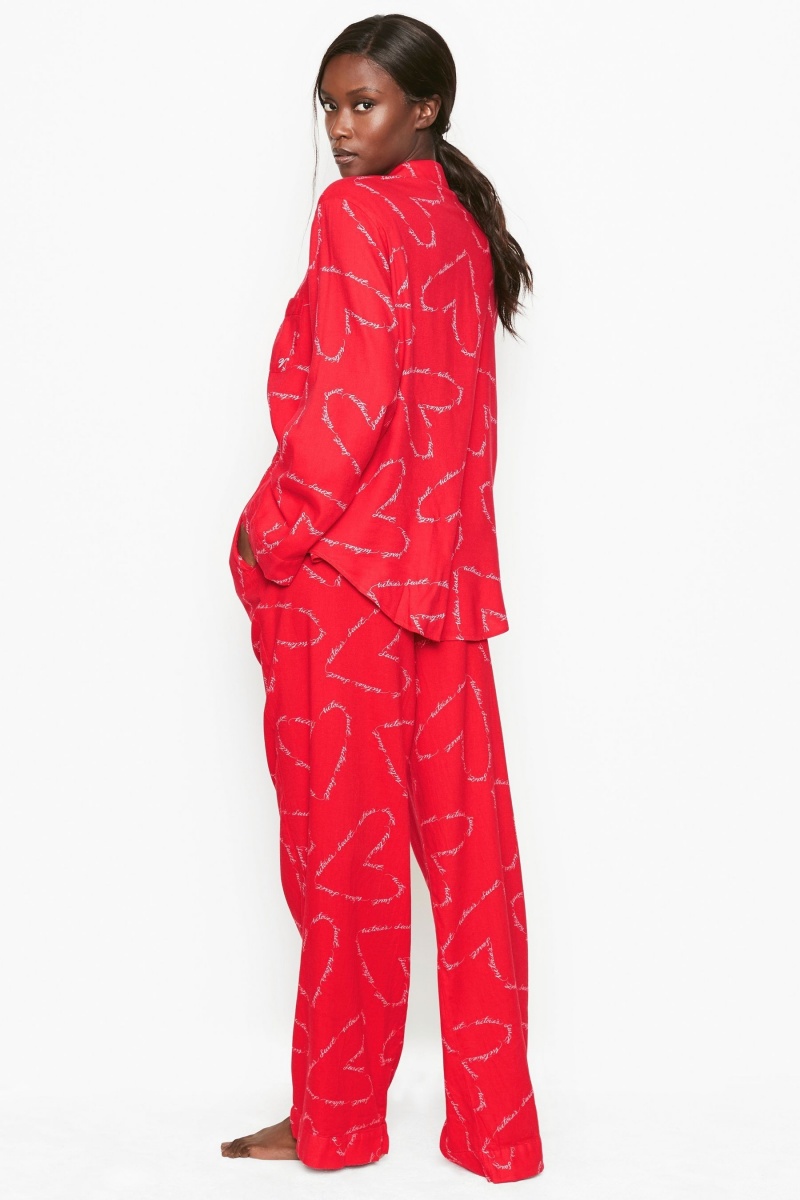 Lipstick Red Script Hearts Victoria's Secret Flannel Long Pyjamas | 3249OPFIN