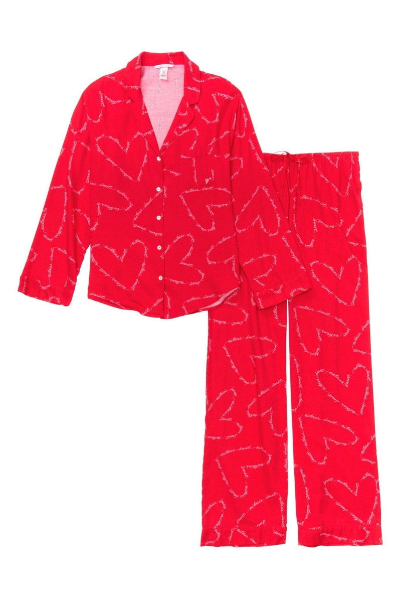 Lipstick Red Script Hearts Victoria's Secret Flannel Long Pyjamas | 3249OPFIN