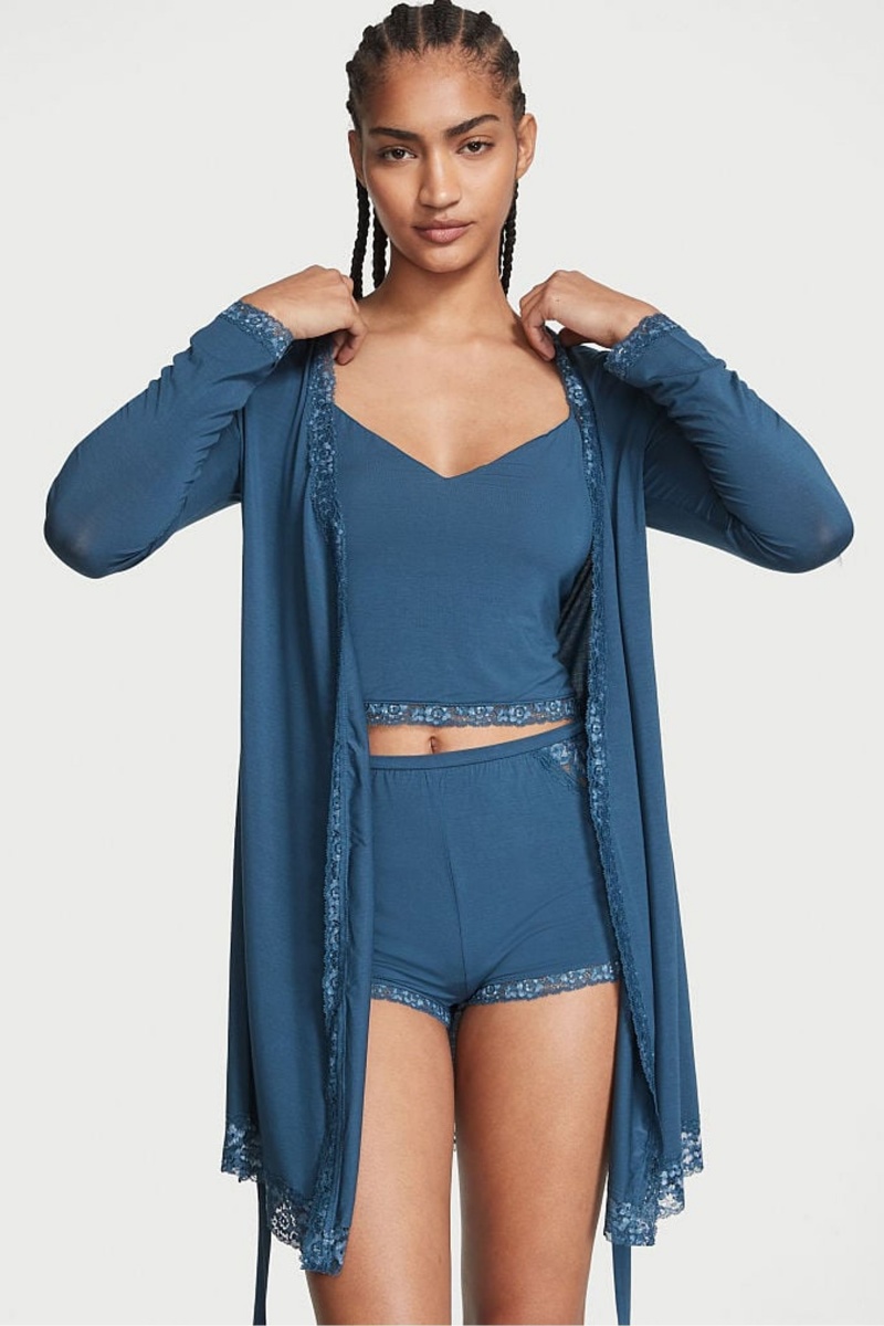 Midnight Sea Blue Victoria's Secret Modal Lace Trim Robe | 6597DHQWF