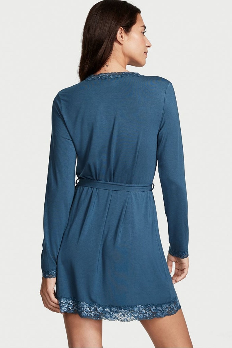 Midnight Sea Blue Victoria's Secret Modal Lace Trim Robe | 7842OCKJQ