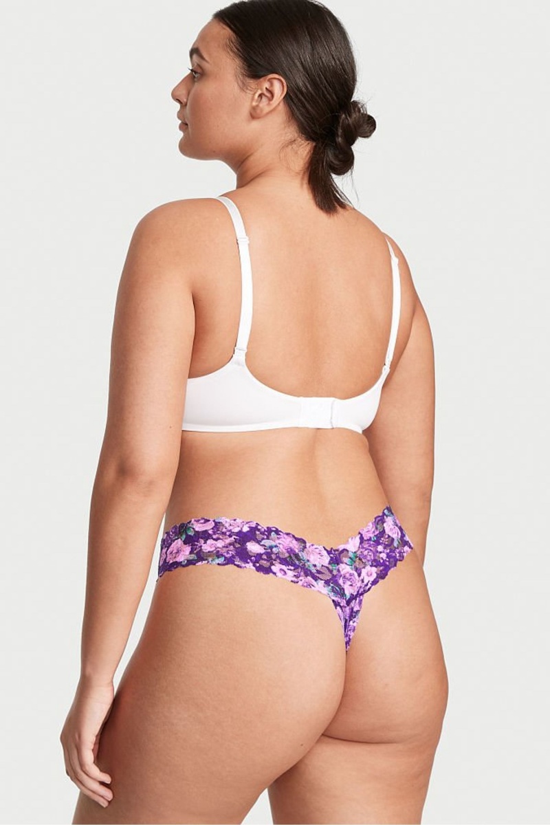 Night Ocean Small Rosey Florals Purple Victoria's Secret The Lacie Lace Thong Knickers | 6819DQFAN