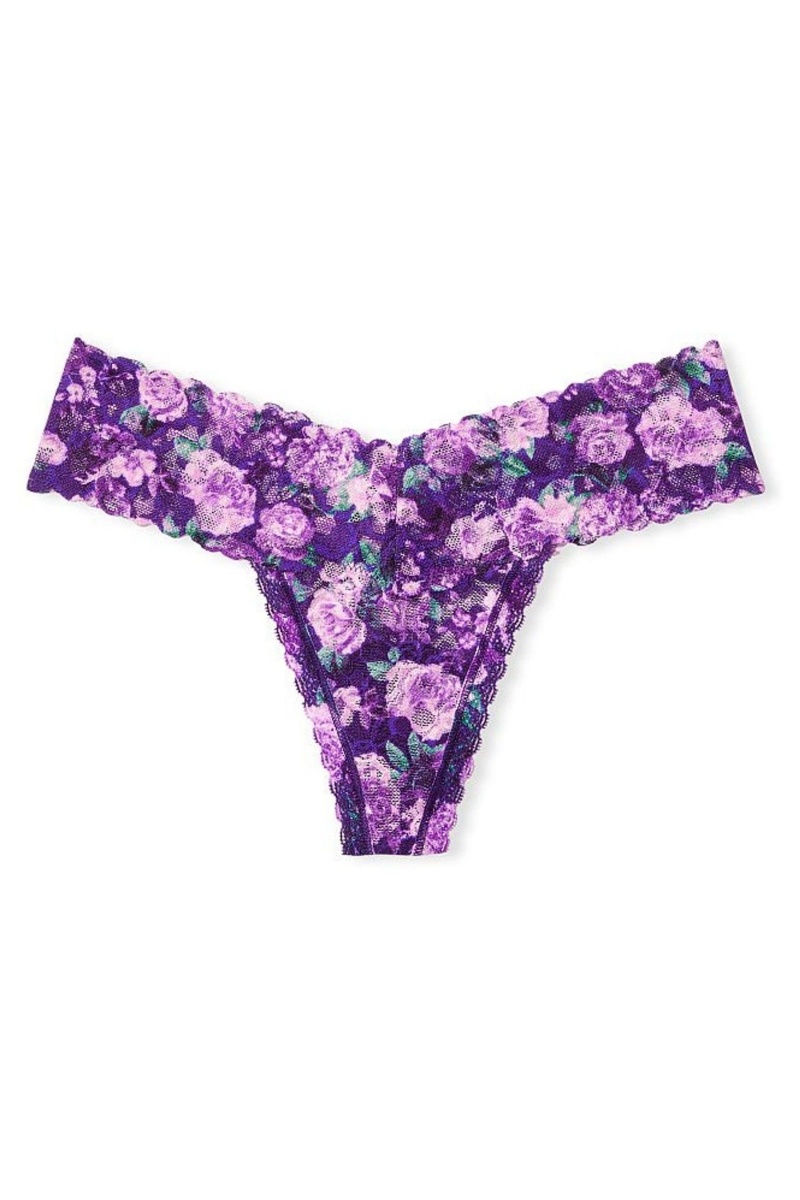 Night Ocean Small Rosey Florals Purple Victoria's Secret The Lacie Lace Thong Knickers | 6819DQFAN