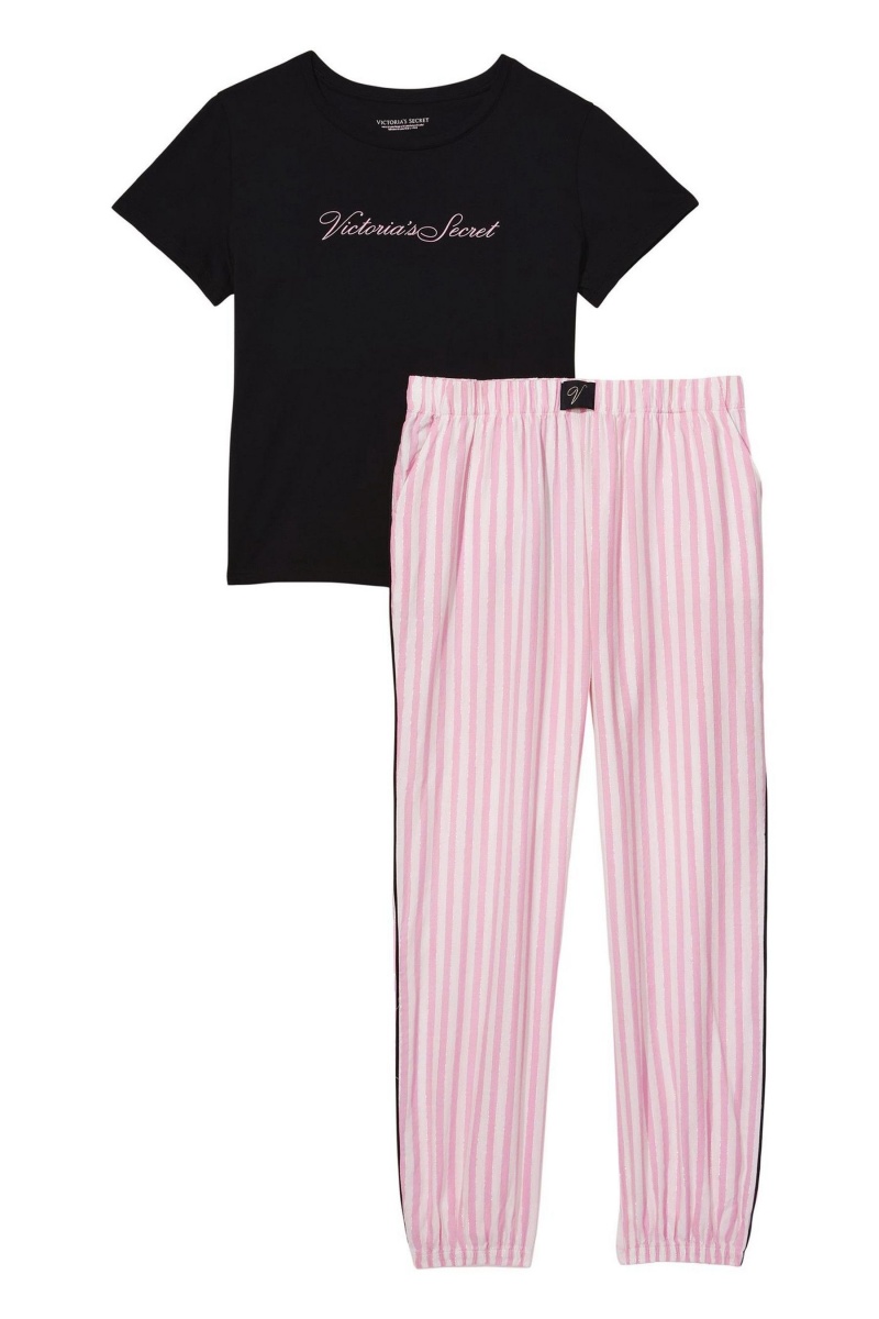 Pink Iconic Stripe Victoria's Secret Short Sleeve T-Shirt Flannel Pyjamas | 8165PYOBS