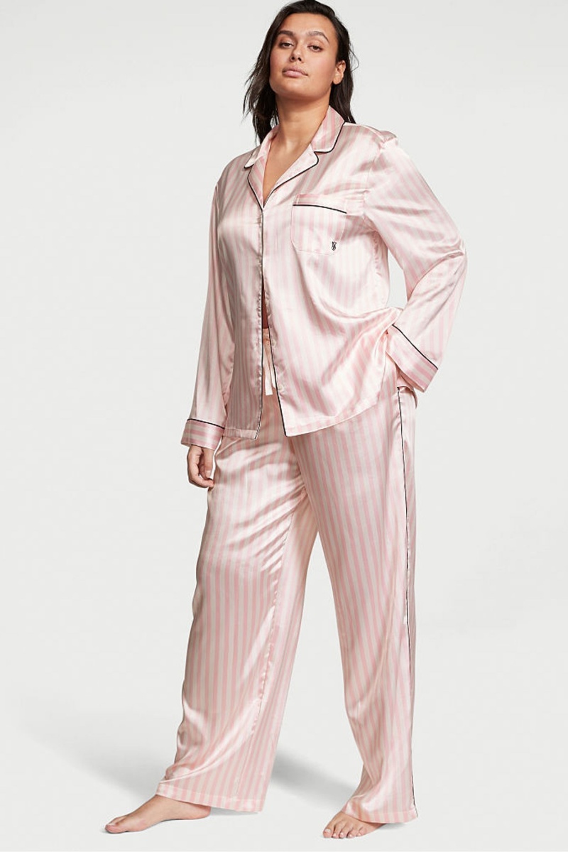 Pretty Blossom Iconic Stripe Pink Victoria\'s Secret Satin Long Pyjama Set | 3718CVPSN