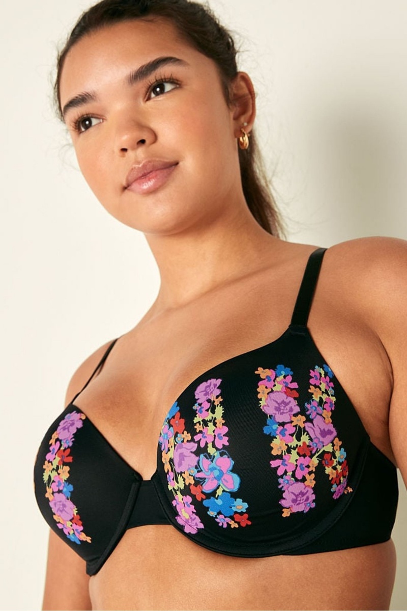 Pure Black Floral Logo Victoria's Secret Wear Everywhere Smooth Lightly Lined T-Shirt Bra | 0813IRBHJ