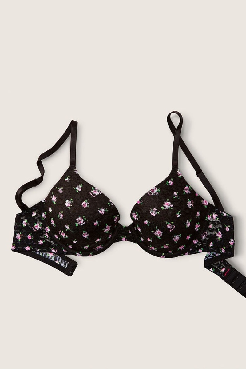 Pure Black Floral Victoria\'s Secret Wear Everywhere Lace Lightly Lined T-Shirt Bra | 1285DJLAE