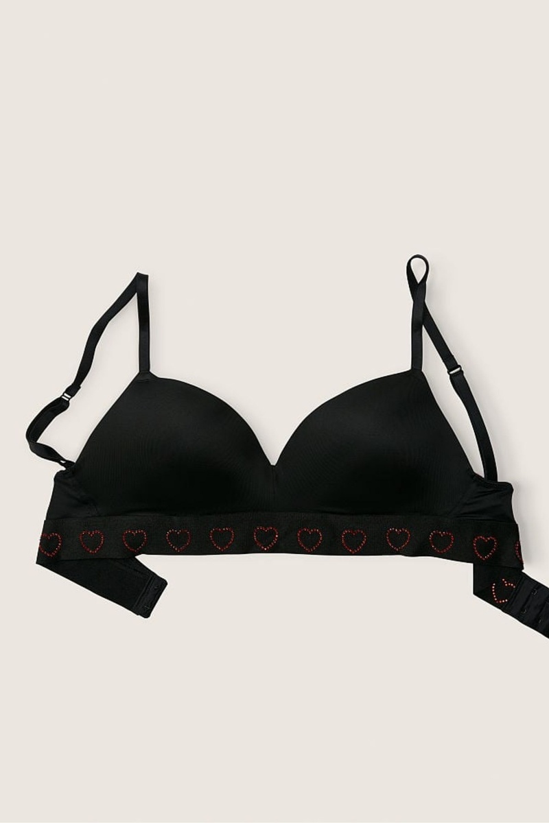 Pure Black Heart Shine Victoria's Secret Wear Everywhere Smooth Non Wired Push Up T-Shirt Bra | 4780QCFGA