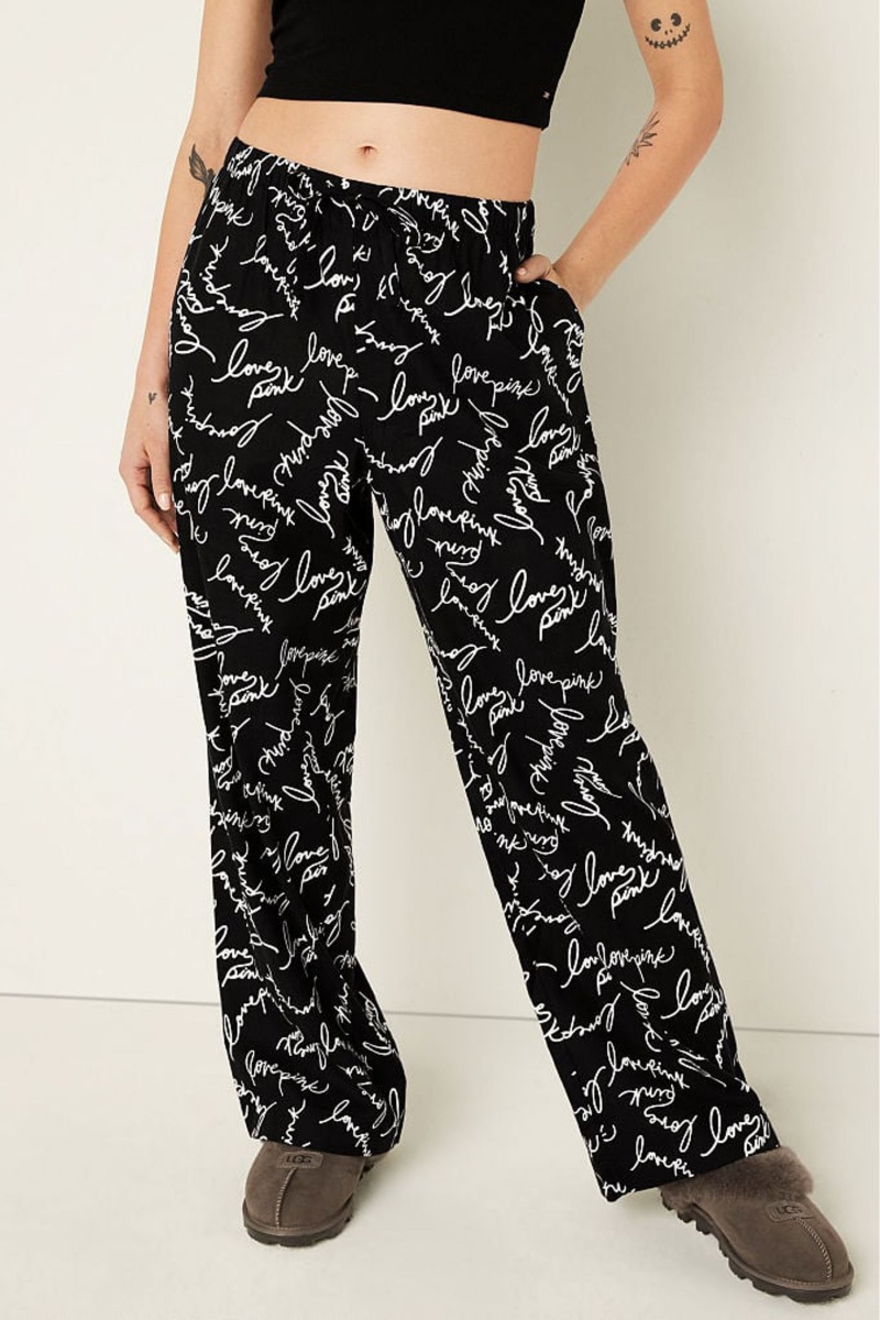 Pure Black Script Logo Victoria\'s Secret Flannel Pyjama Bottoms | 3190EWMFI