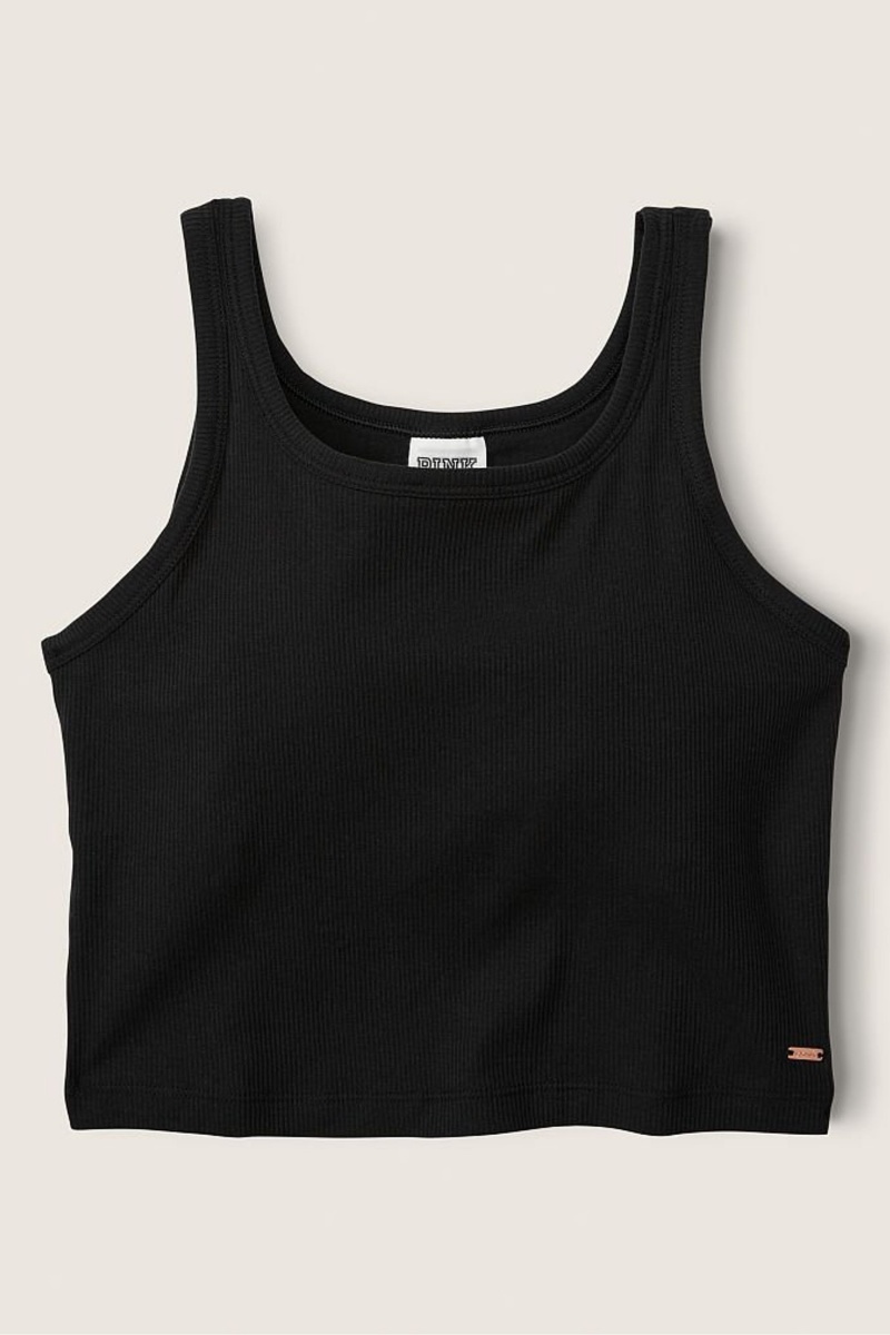 Pure Black Victoria's Secret Crop Ribbed Tank Top | 1268NOYPV