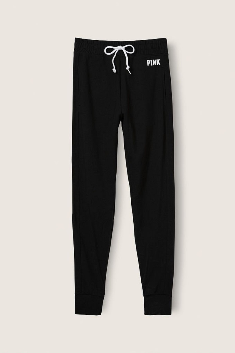 Pure Black Victoria's Secret Fleece Full Length Jogger | 9416NABSL