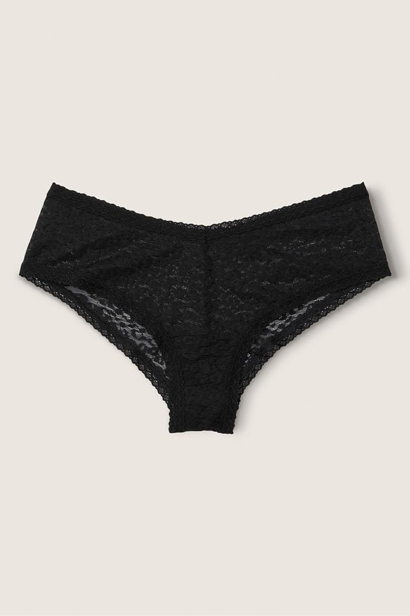 Pure Black Victoria\'s Secret Lace Logo Cheeky Knickers | 0847QCWBN