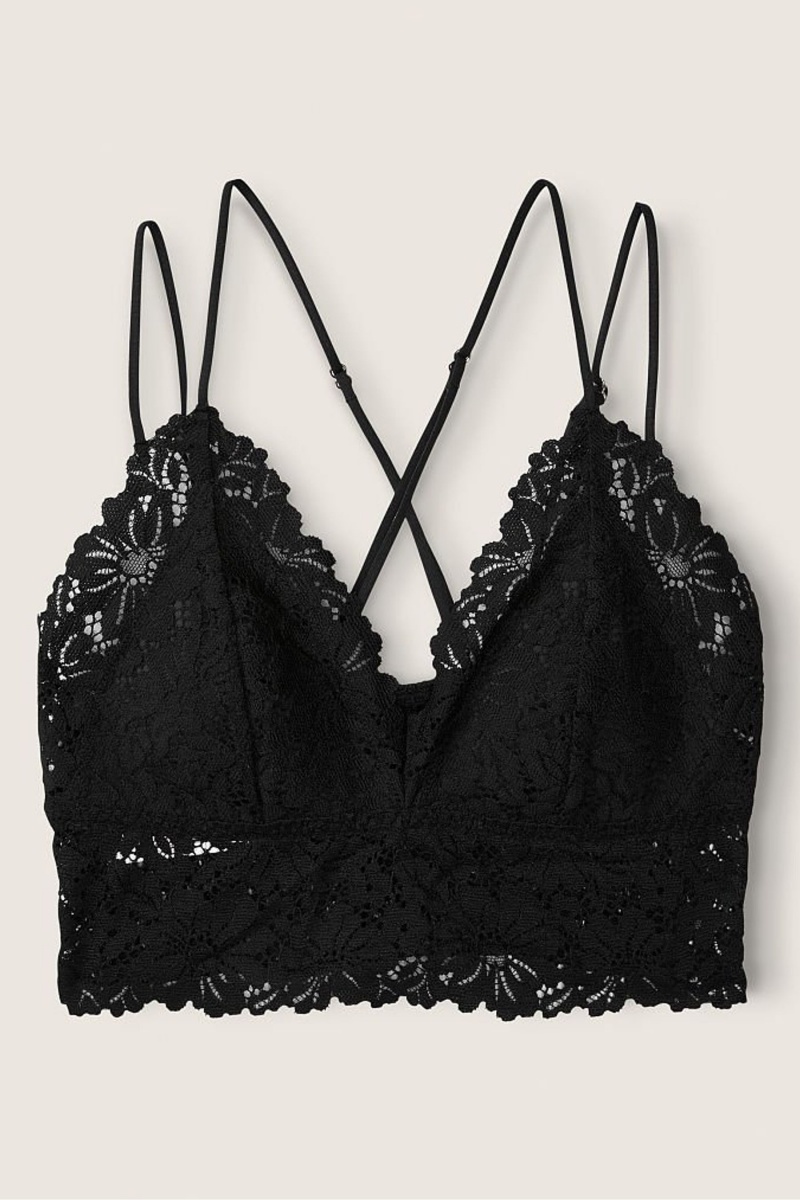 Pure Black Victoria's Secret Lace Strappy Back Longline Bralette | 5243UFLRM