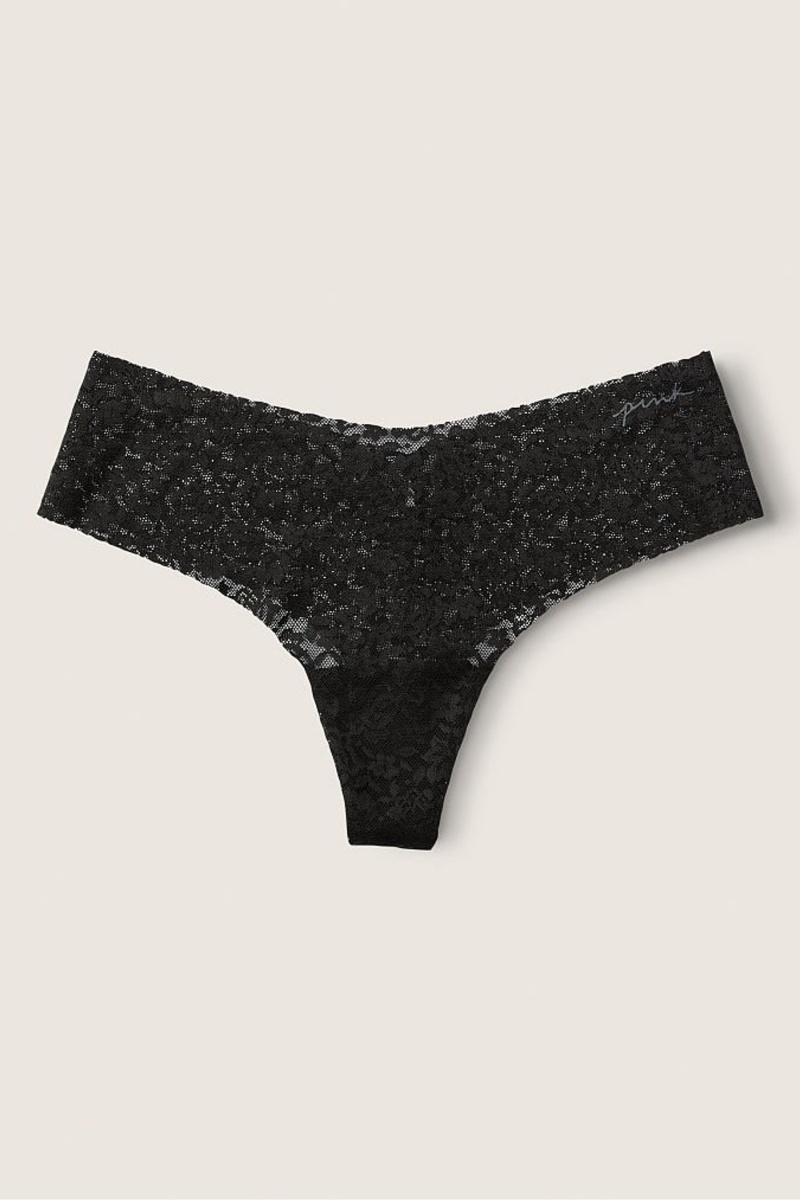 Pure Black Victoria\'s Secret No-Show No Show Thong Lace Knickers | 1764SEMRG