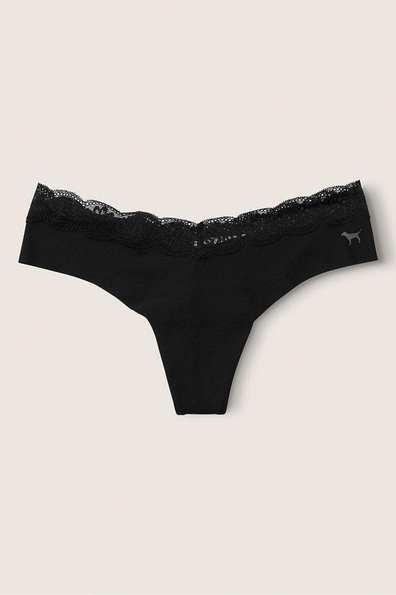 Pure Black Victoria\'s Secret No-Show No Show Lace Trim Thong Knickers | 4365SZINF