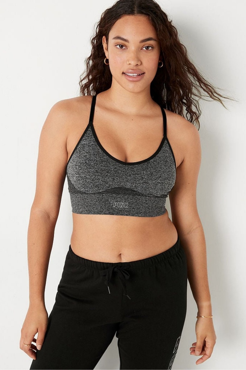 Pure Black Victoria's Secret Seamless Lightly Lined V-Neck Sports Bra | 2896QXTAS