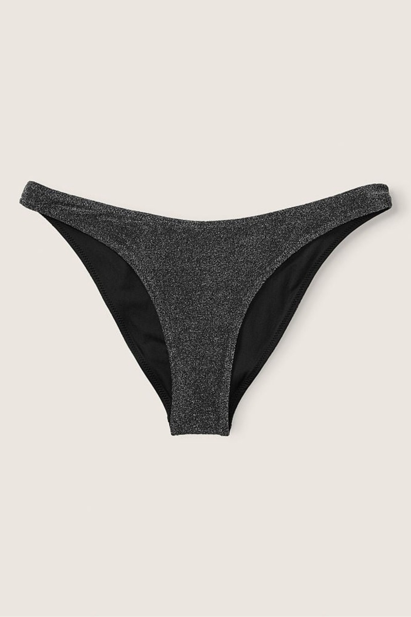 Pure Black Victoria's Secret Shimmer High Waist Cheeky Bikini Bottom | 0416IWSXU