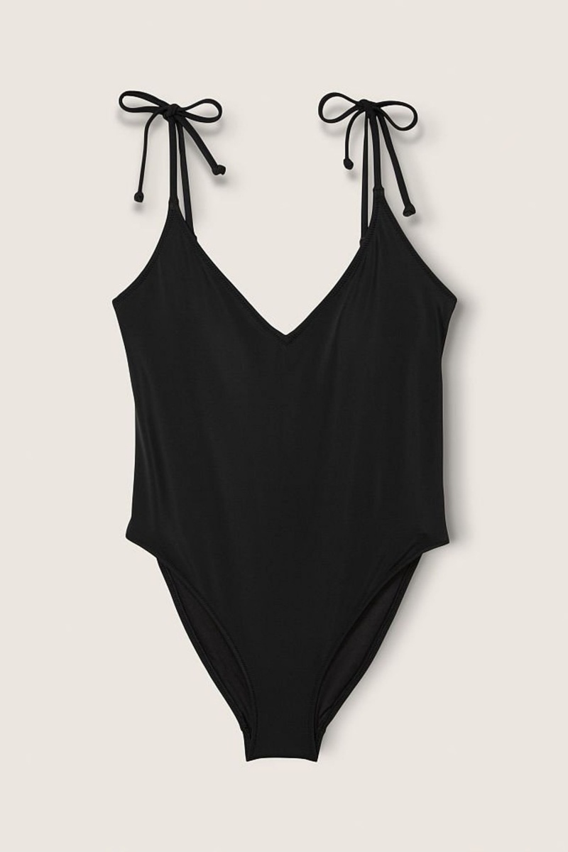 Pure Black Victoria's Secret V Neck Open Back Swimsuit | 9674ZNDLH