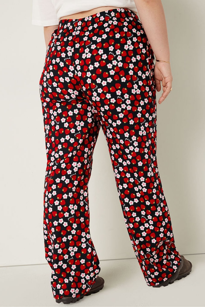 Pure Black with Strawberry Print Victoria's Secret Flannel Pyjama Bottoms | 9173UAOJL