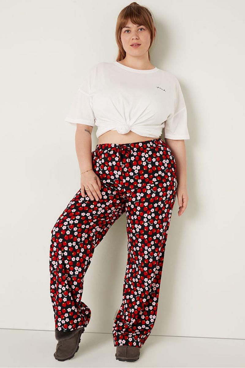 Pure Black with Strawberry Print Victoria's Secret Flannel Pyjama Bottoms | 9173UAOJL