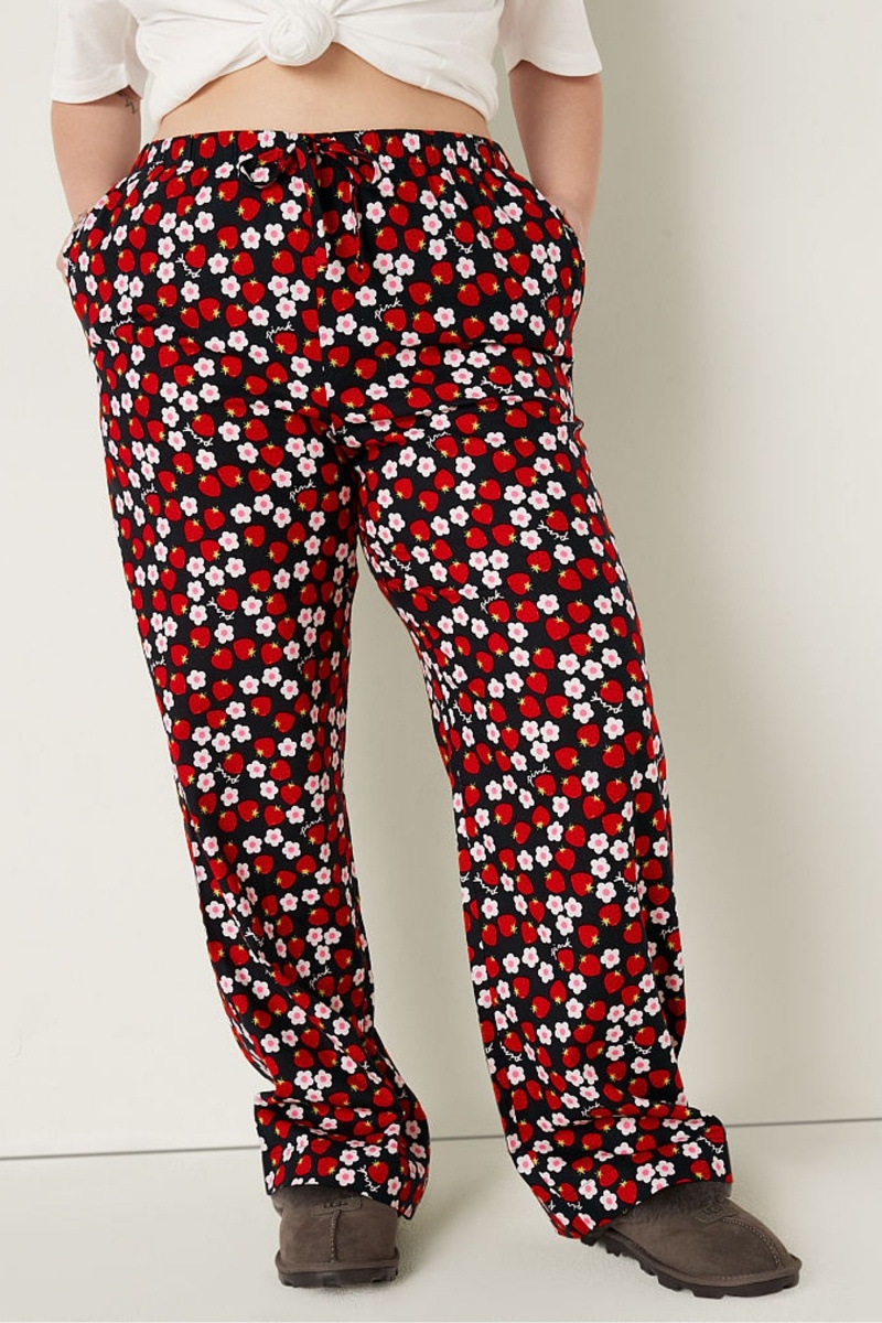 Pure Black with Strawberry Print Victoria\'s Secret Flannel Pyjama Bottoms | 9173UAOJL