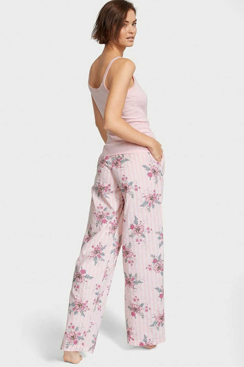 Purest Pink Floral Stripe Victoria's Secret Cotton Long Pyjamas | 9756TCJGP